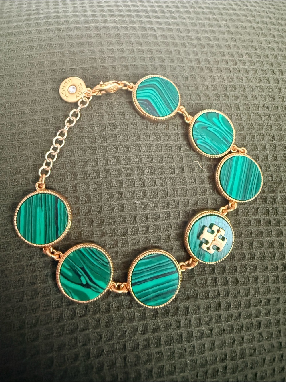 Tory Burch Green Malachite Style Gold Tone Bracelet Medallion Logo